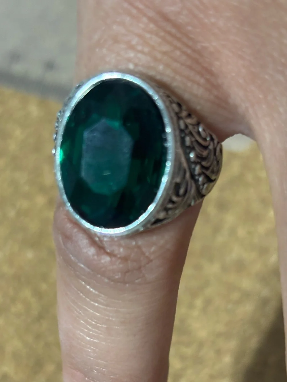 Silver Ring with Emerald Green Stone - Classic Statement Vintage Goth Unisex